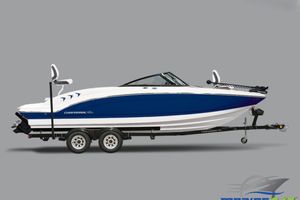 Chaparral 21 SSi Ski & Fish 2026 Chaparral 21 SSi Ski & Fish boat on trailer, side view, blue and white design.