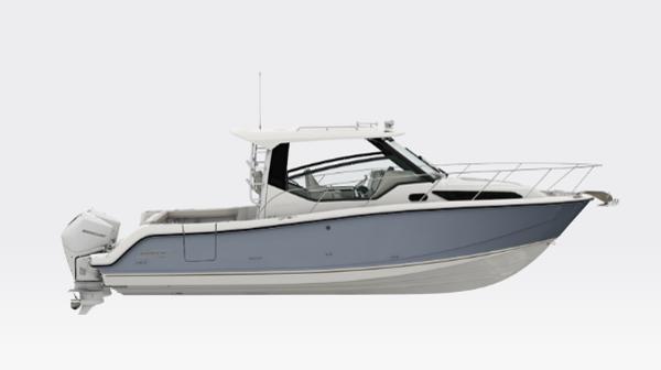 Boston Whaler 325 Conquest 2026 Boston Whaler 325 Conquest boat, side view, sleek design, dual outboard engines.