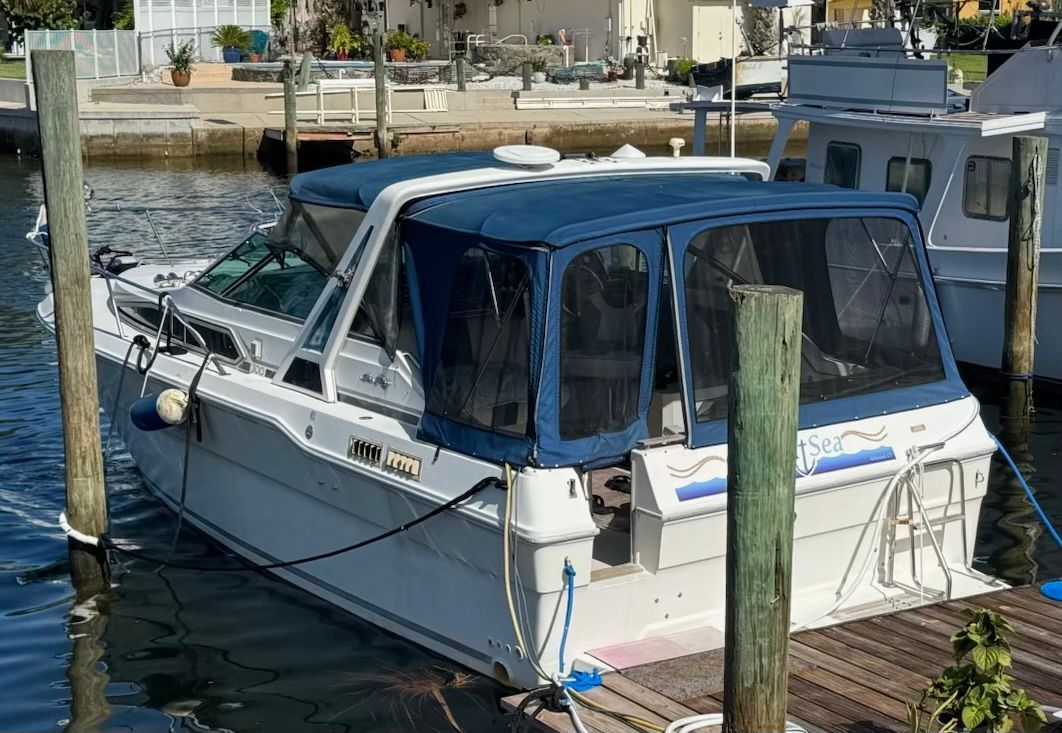 Sea Ray Wekender 1989 Sea Ray Weekender boat docked with blue canopy in a marina setting.