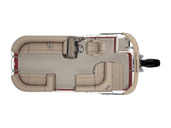 Sun Tracker Party Barge 18 DLX 2025 Sun Tracker PARTY BARGE® 18 DLX pontoon boat, top view, beige seating, spacious layout.