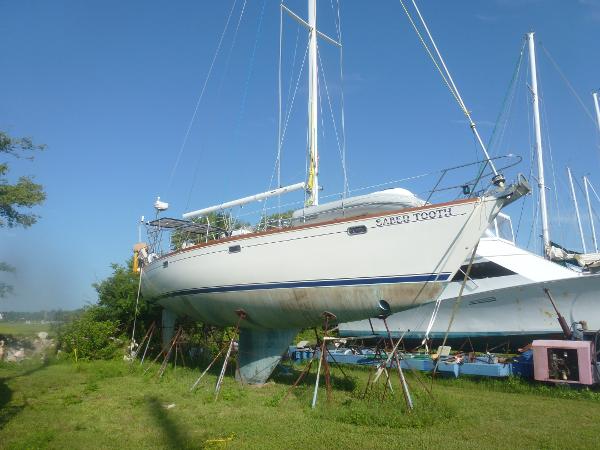 Sabre 425 1990 Sabre 425 sailboat on stands for maintenance.