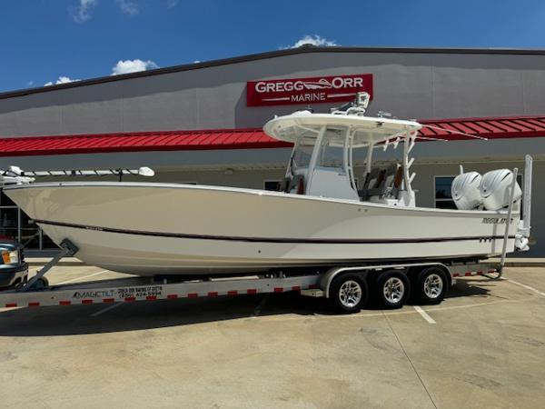 Regulator 30XO 2025 Regulator 30XO boat on trailer at Gregg Orr Marine dealership.