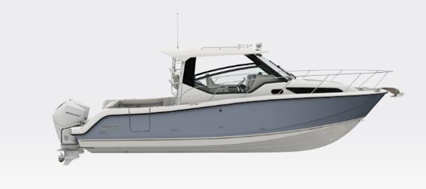 Boston Whaler 325 Conquest 2025 Boston Whaler 325 Conquest boat, side view, sleek design, dual outboard engines.