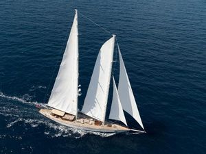 Mengi Yay Schooner Aerial view of 2009 Mengi Yay Schooner sailing on open sea.