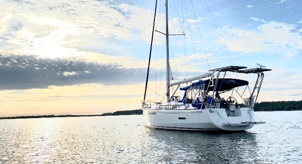 Jeanneau Sun Odyssey 419 2018 Jeanneau Sun Odyssey 419 sailboat on calm water at sunset.