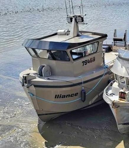Custom Freestyle Marine 32 Custom Freestyle Marine 32 boat, 2022 model, docked in shallow water.