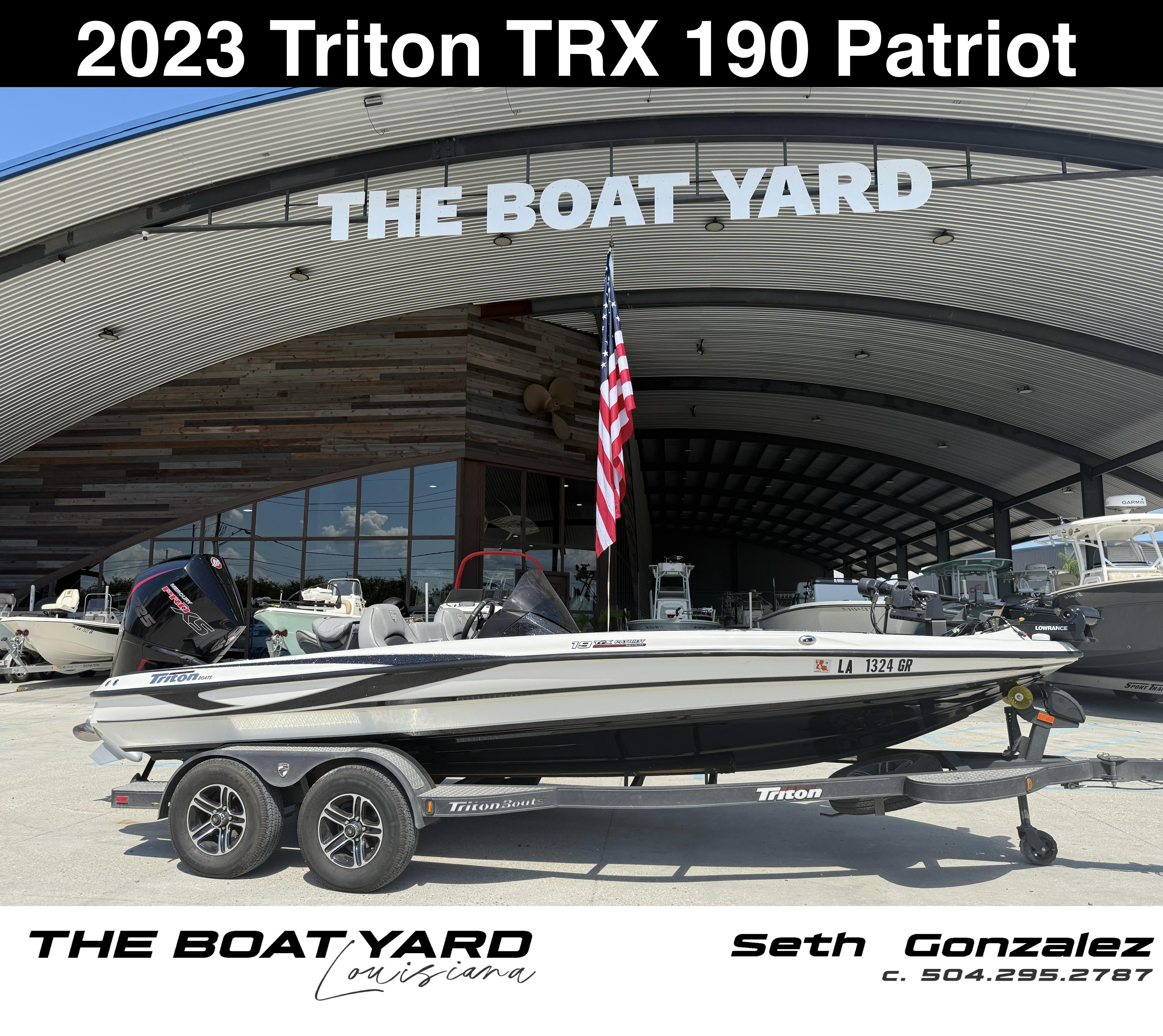 Triton 19 TrX Patriot 2023 Triton 19 TrX Patriot boat displayed at The Boat Yard, Louisiana.