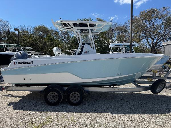 Wellcraft 222 Fisherman 2025 Wellcraft 222 Fisherman boat on trailer, light blue hull, parked outdoors.
