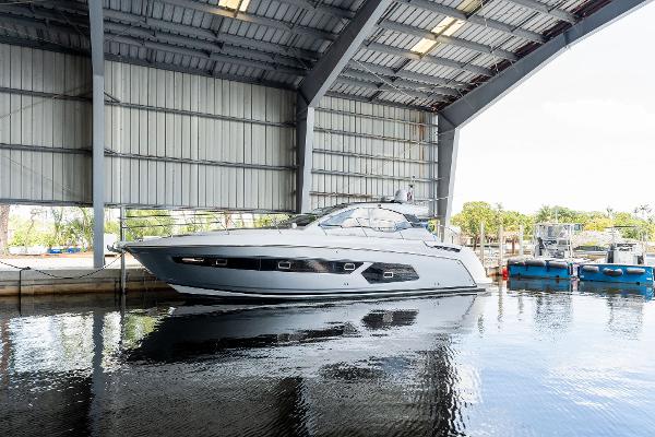 Azimut Atlantis 43 2017 Azimut Atlantis 43 yacht docked in a covered marina.