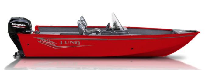 Lund 1650 Angler SS 2026 Lund 1650 Angler SS boat, red exterior, side view, with Mercury outboard motor.