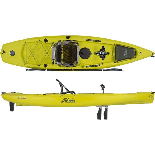 Hobie Compass Yellow 2022 Hobie Compass kayak, top and side views, featuring pedal drive system.