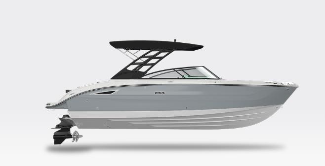 Sea Ray SDX 270 Surf 2026 Sea Ray SDX 270 Surf boat with sleek design and black canopy.