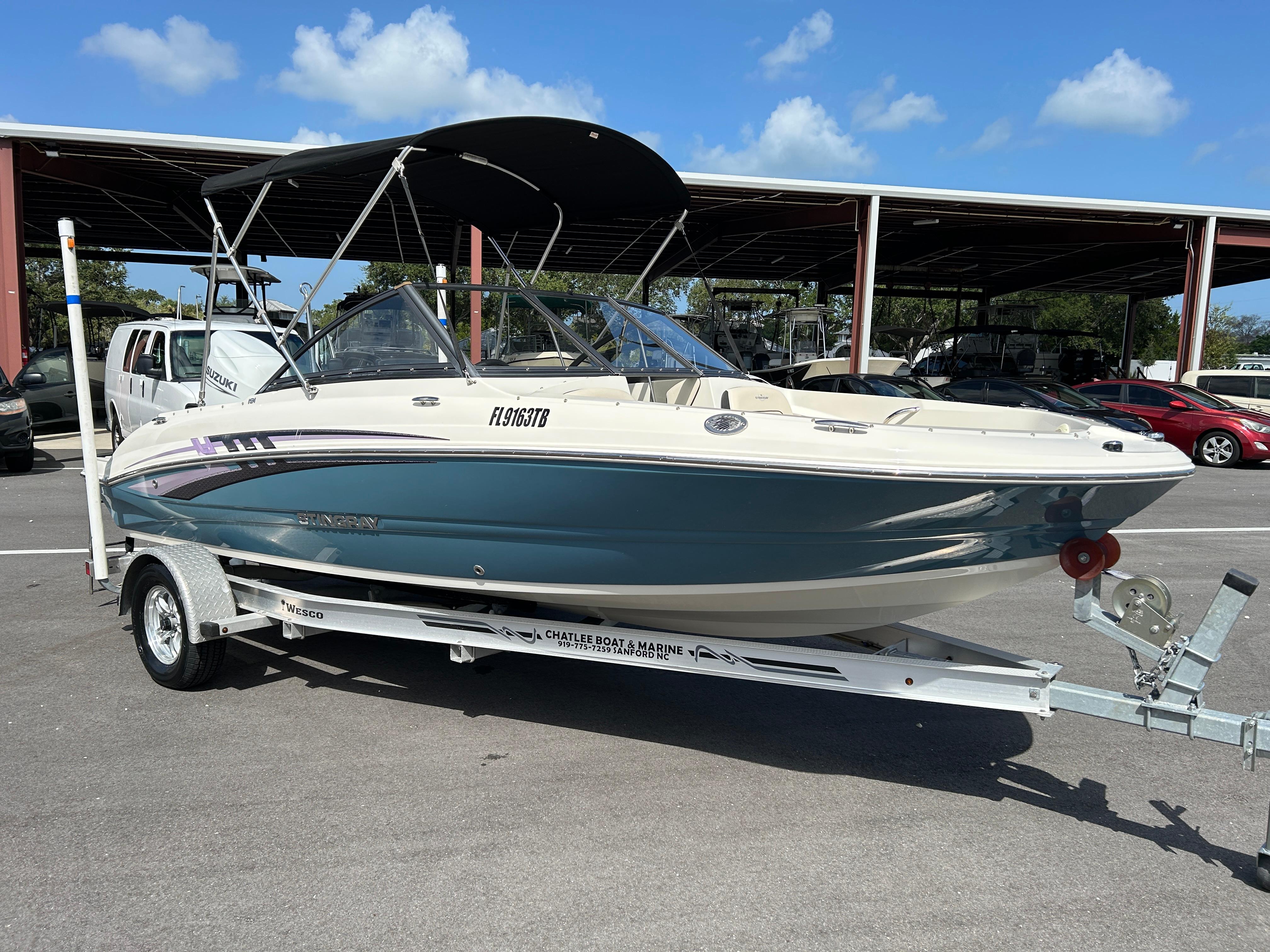 Stingray 191 DC 2021 Stingray 191 DC boat on trailer, parked outdoors under clear blue sky.