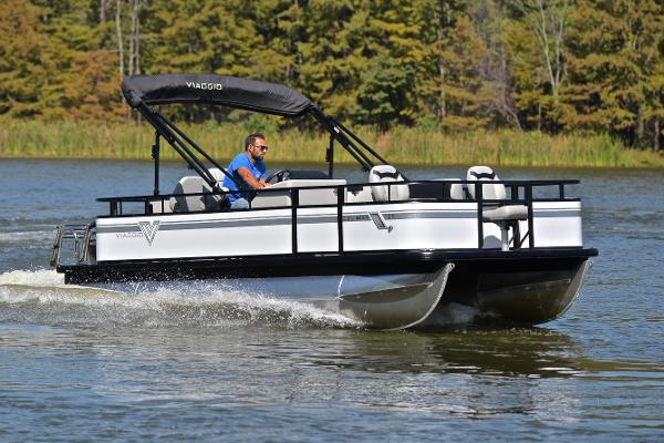 Viaggio Del Mar 18F Bass Buggy 2023 Viaggio DM18F pontoon boat cruising on a lake.