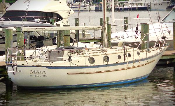 Pacific Seacraft Crealock 37 1983 Pacific Seacraft Crealock 37 sailboat docked in marina.