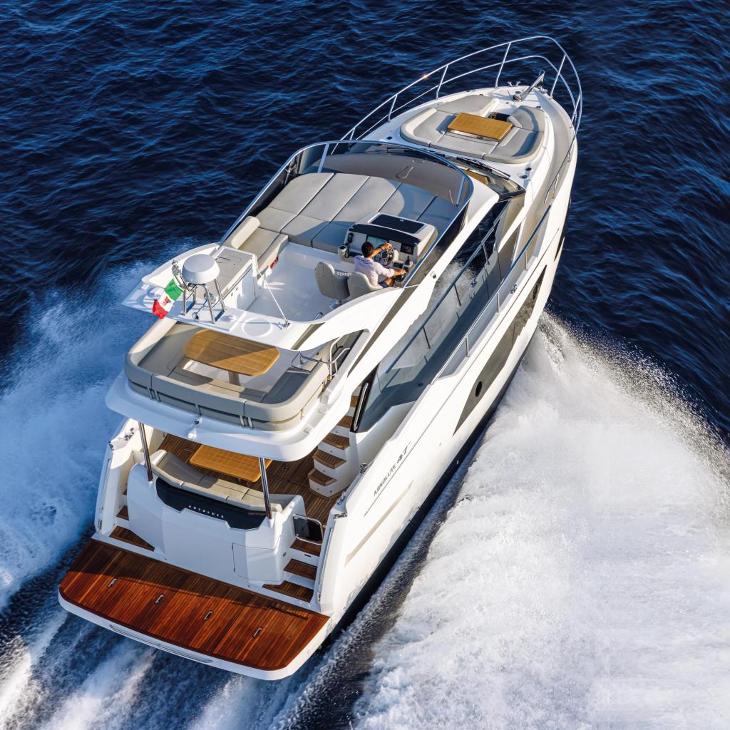 Absolute 47 Fly 2025 Absolute 47 Fly yacht cruising on open water.