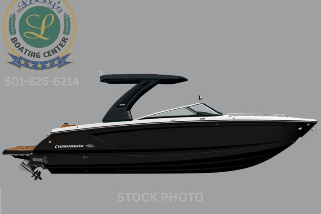 Chaparral 30 Surf 2026 Chaparral 30 Surf boat, side view, black hull, stock photo.