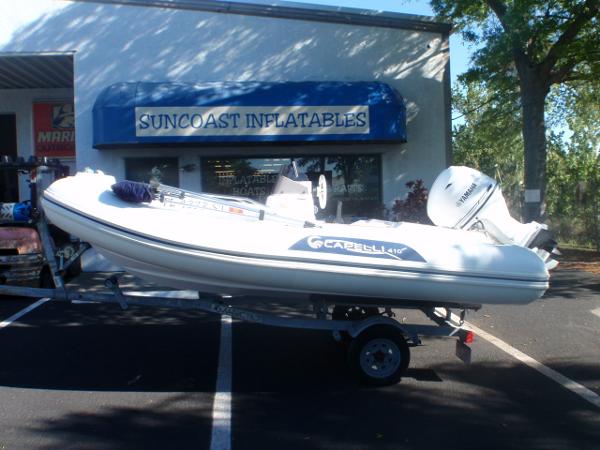 Capelli 410 Deluxe 2017 Capelli 410 Deluxe inflatable boat on trailer outside Suncoast Inflatables.