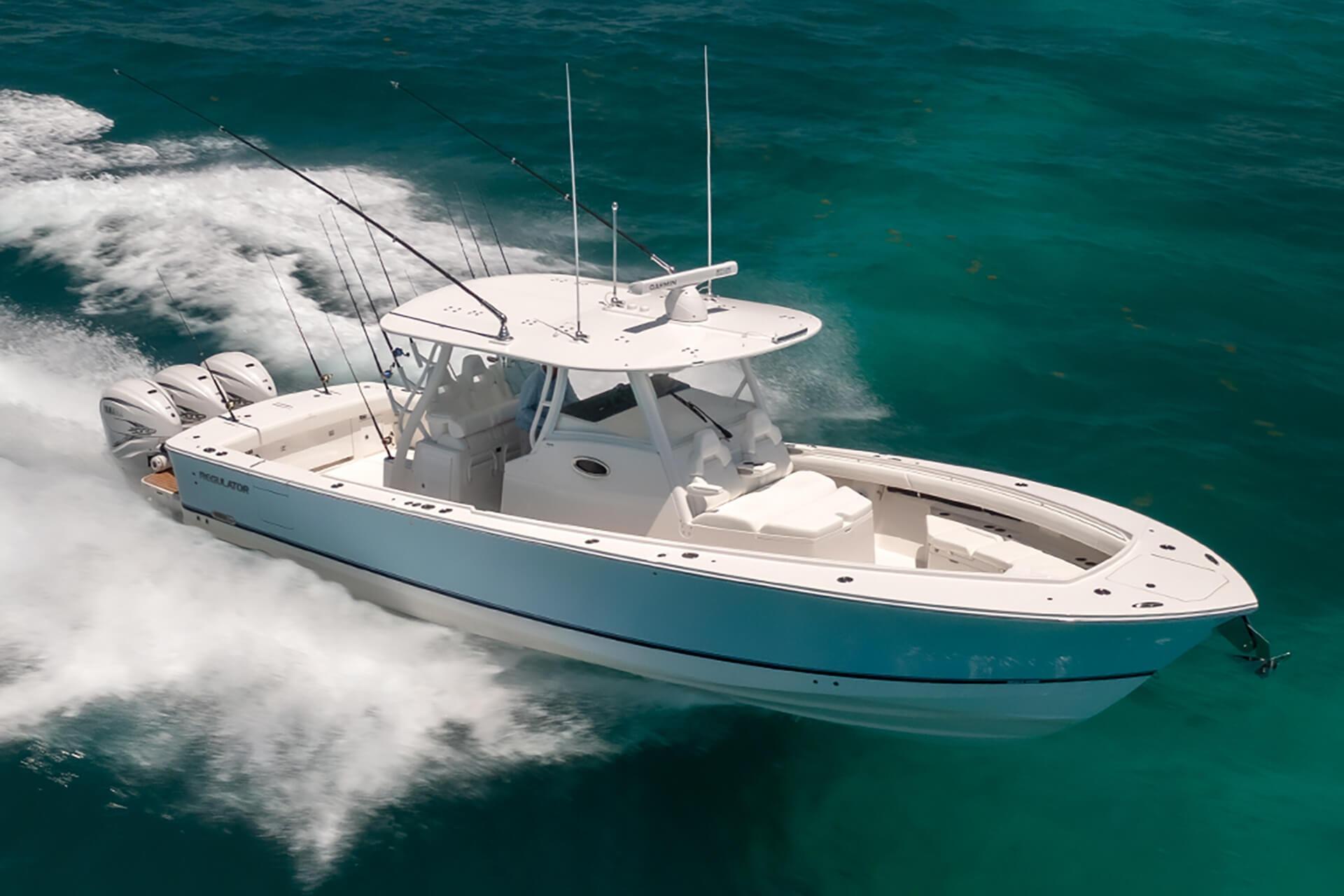 Regulator 37 2026 Regulator 37 boat cruising on clear turquoise waters.