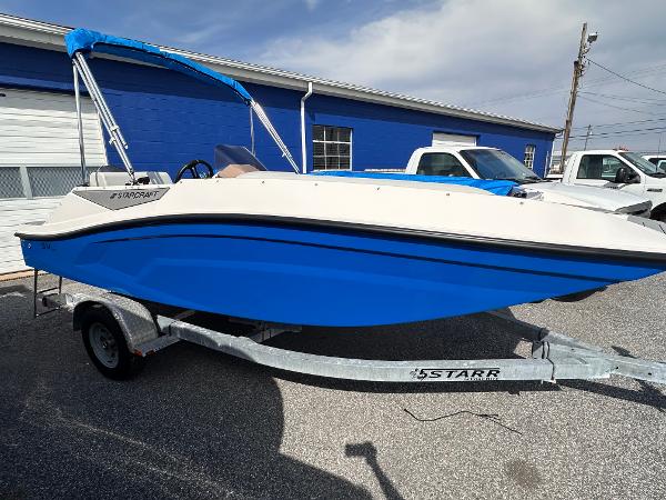 Starcraft SV 16 OB 2025 Starcraft SV 16 OB boat with blue hull on a trailer, parked outdoors.