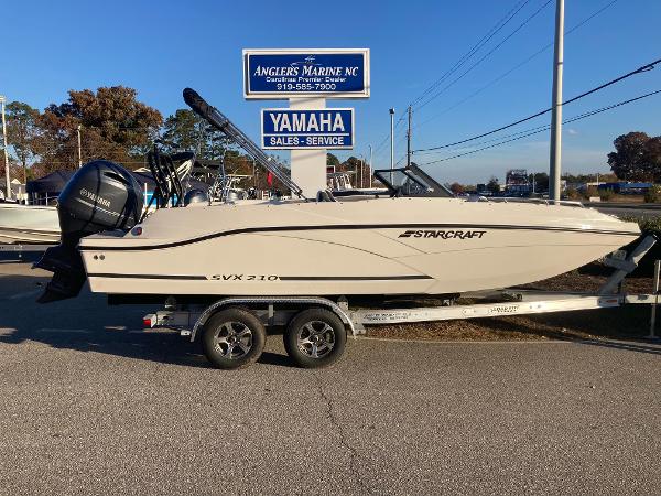 Starcraft SVX 210 2024 Starcraft SVX 210 boat on a trailer at Anglers Marine NC.