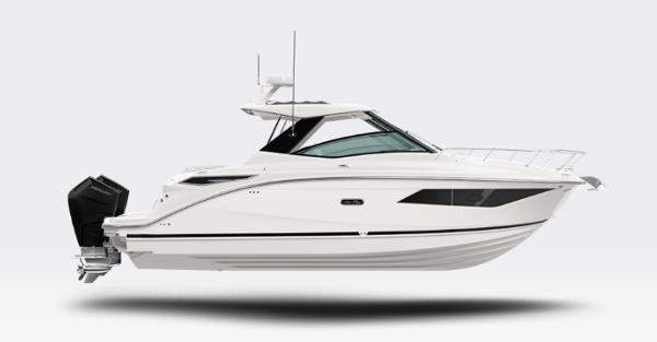 Sea Ray Sundancer 320 Outboard 2026 Sea Ray Sundancer 320 OB, sleek white design, side view, modern outboard motor.