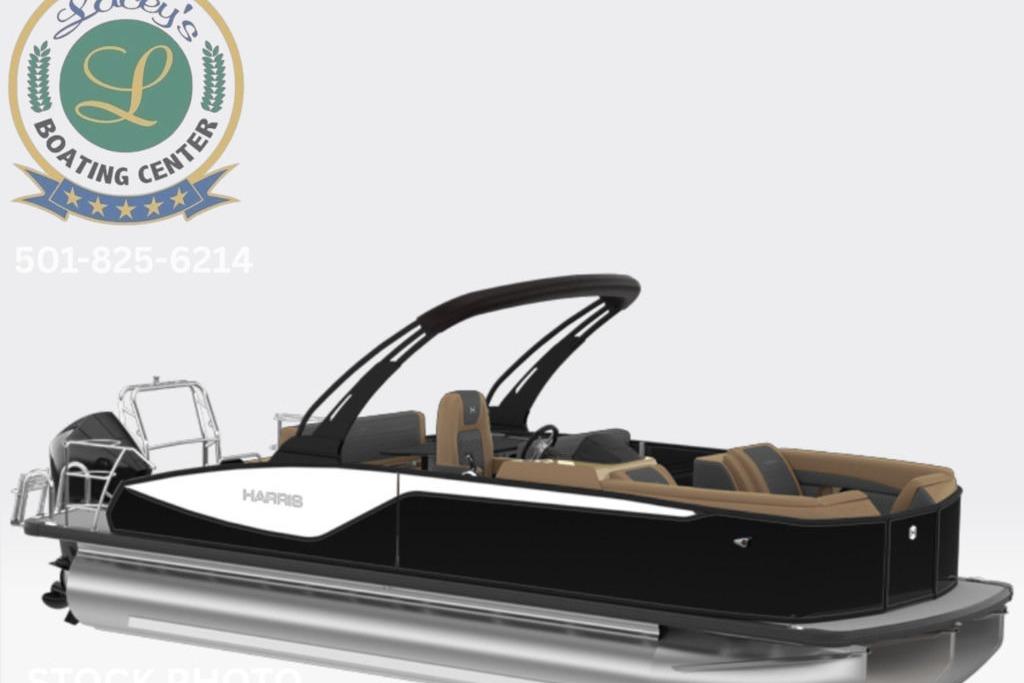 Harris Sunliner 250 2026 Harris Sunliner 250 pontoon boat, sleek black design, showcased at Lacey's Boating Center.