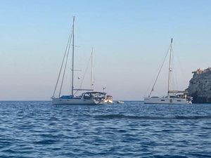 Beneteau Oceanis 45 Two Beneteau Oceanis 45 sailboats anchored on calm sea, 2016 model.