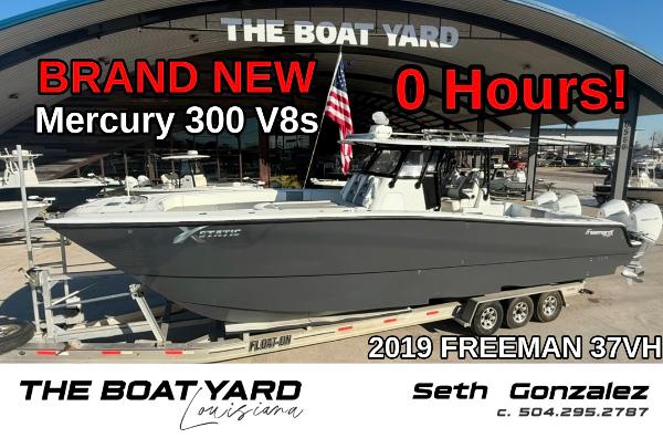 Freeman 37 Brand new 2019 Freeman 37VH boat with Mercury 300 V8s, displayed at The Boat Yard.