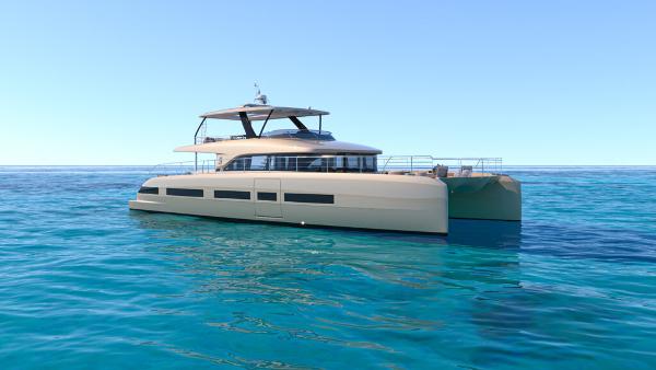 Lagoon 83 2025 Lagoon 83 yacht on clear blue ocean under sunny sky.