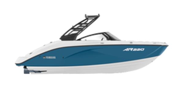 Yamaha Boats AR220 2025 Yamaha Boats AR220, sleek blue and white design, side view.