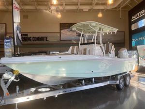 Ranger 2600 Bay 2025 Ranger 2600 Bay boat displayed in showroom on trailer.
