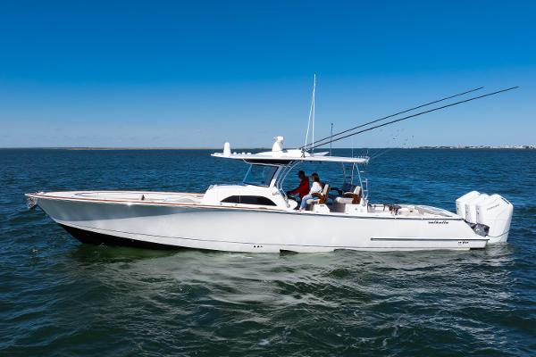 Valhalla Boatworks V-46 Owni Radar 2022 Valhalla Boatworks 46 Center Console on open water, side view, clear sky.