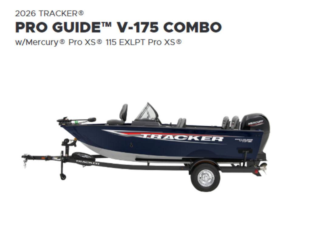 Tracker Pro Guide V-175 Combo 2026 Tracker Pro Guide V-175 Combo boat with Mercury Pro XS 115 engine.