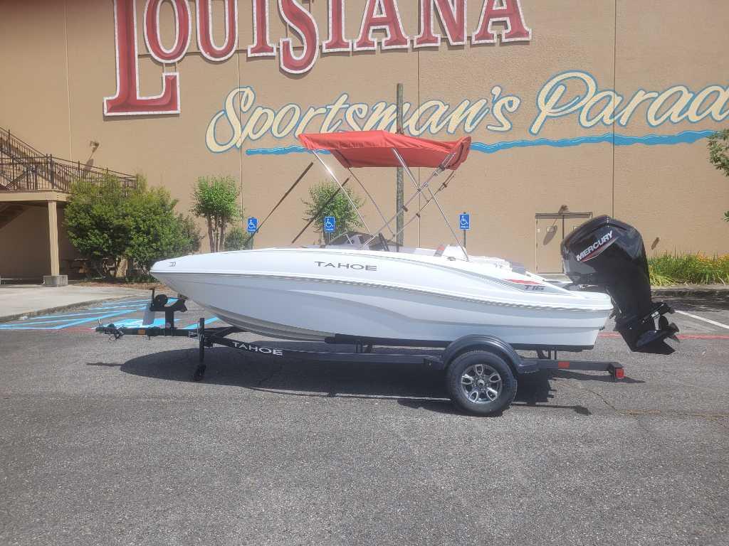 Tahoe T16 2025 Tahoe T16 boat with red canopy on trailer, parked at Louisiana Sportsman's Paradise.