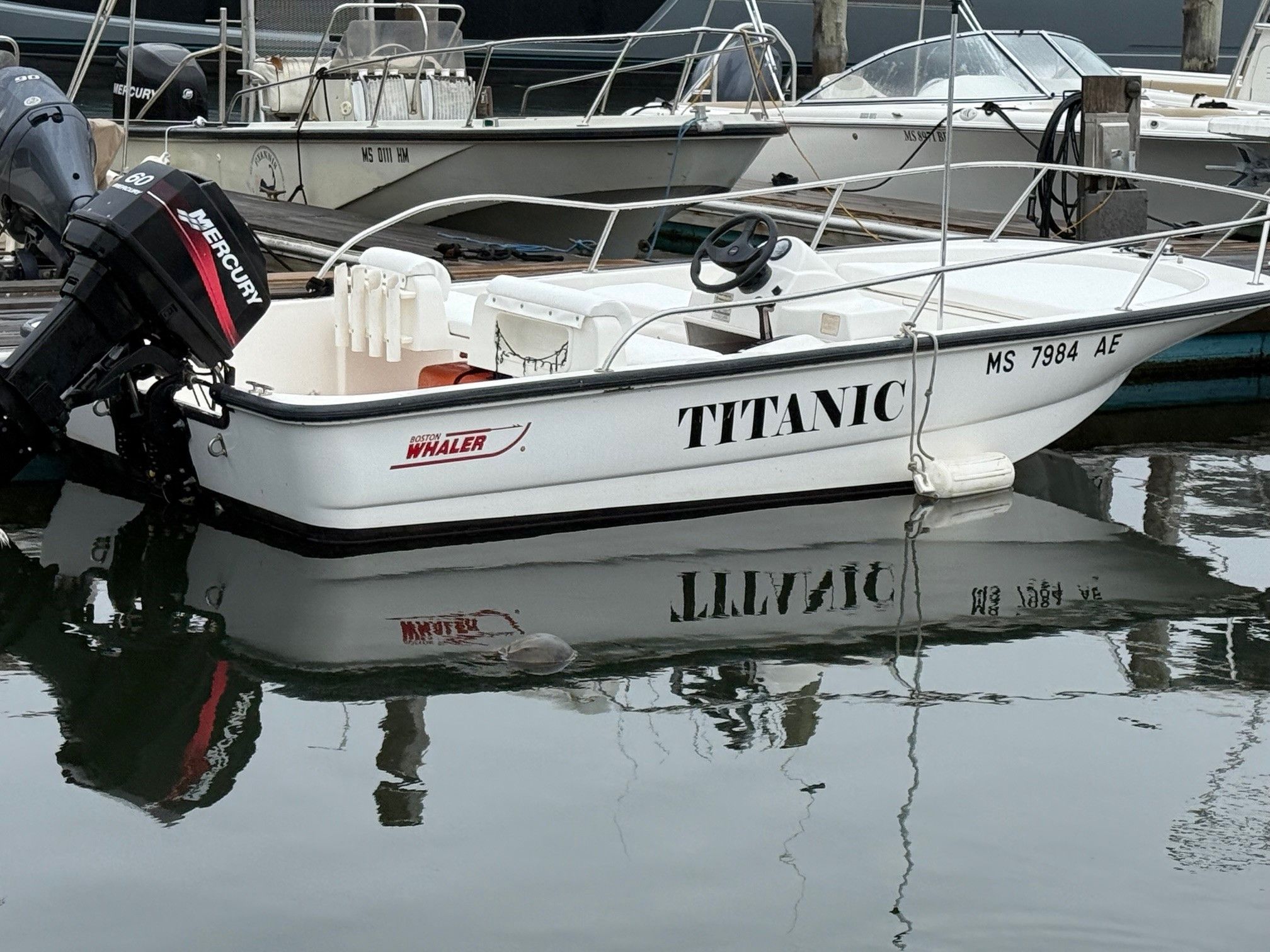 Boston Whaler 150 Sport 2003 Boston Whaler 150 Sport boat named "Titanic" docked with Mercury engine.