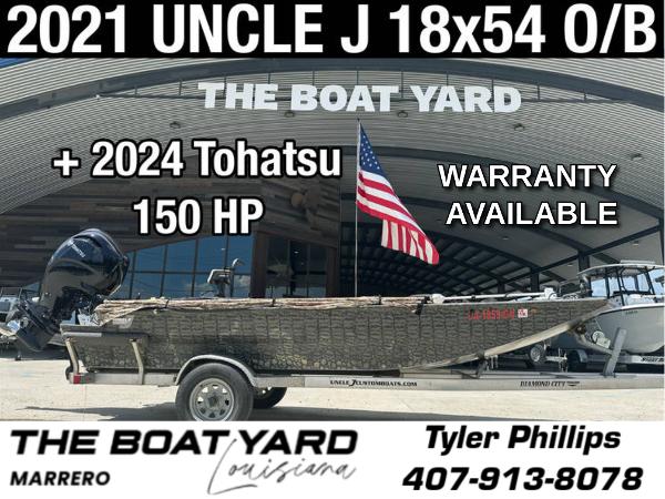 Custom 18x54 2021 Uncle J 18x54 boat with 2024 Tohatsu 150 HP engine, warranty available.