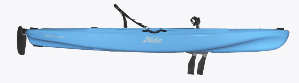 Hobie Passport 12.0 DLX 2024 Hobie Passport 12.0 DLX kayak, blue, side view, featuring pedal drive system.
