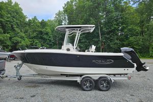Robalo R230 Center Console 2025 Robalo R230 Center Console boat on trailer, surrounded by lush greenery.