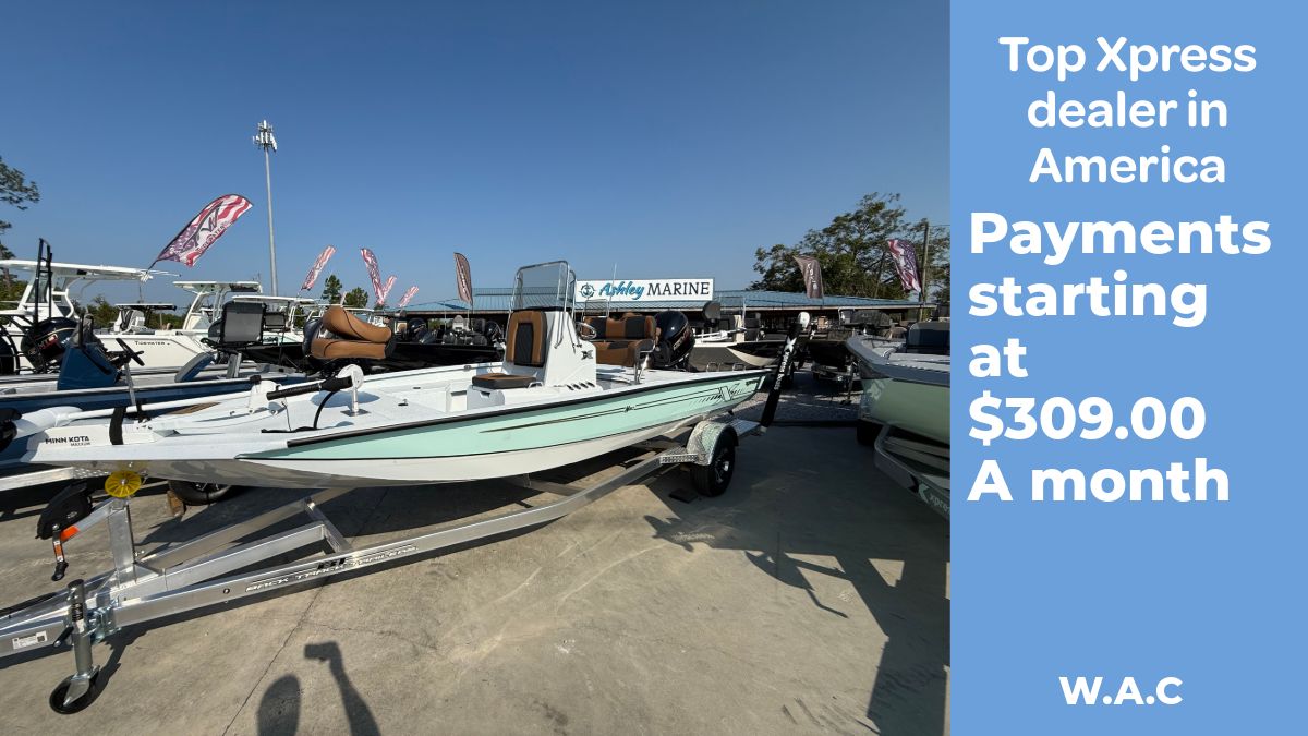 Xpress H20B Bay 2026 Xpress H20B Bay boat on display with financing options starting at $309 monthly.