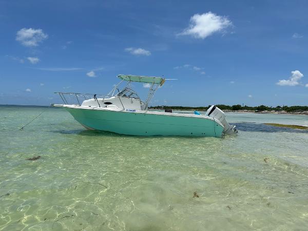 Sea Fox 257 Walk Around 2005 Sea Fox 257 Walk Around boat beached on clear, shallow water under a blue sky.