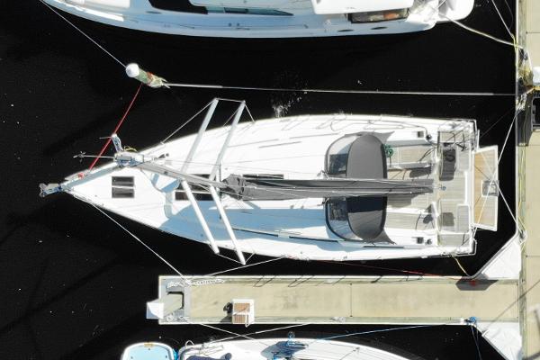 Hanse 388 Aerial view of 2024 Hanse 388 yacht docked at marina.