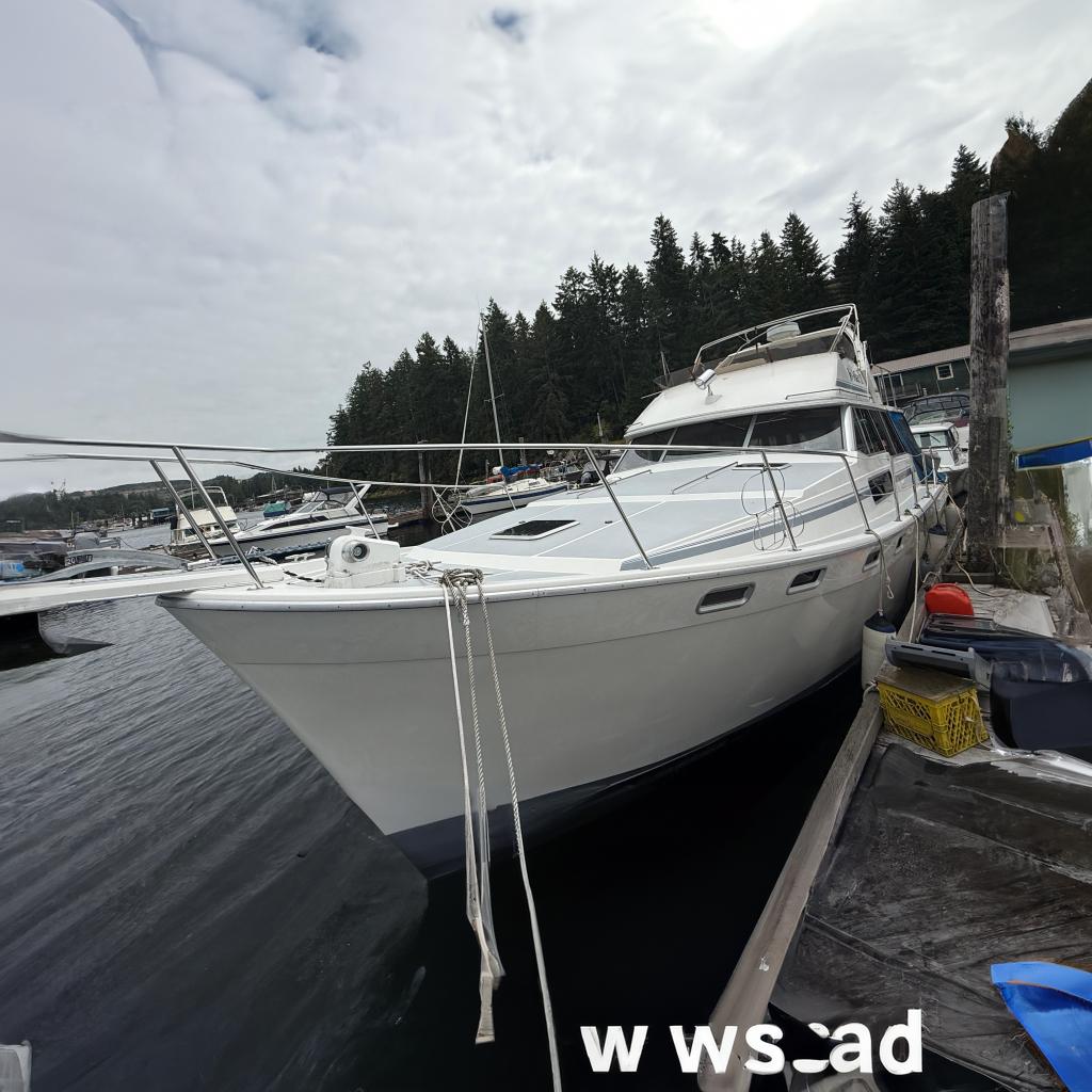 Bayliner 3888 Motoryacht 1989 Bayliner 3888 Motoryacht docked in a serene marina setting.