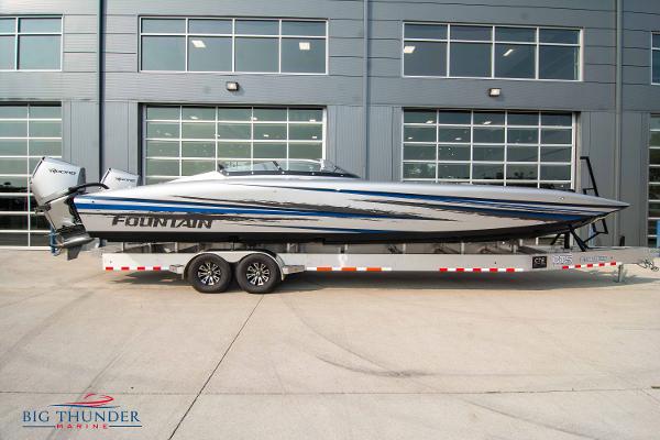 Fountain 34 Thunder Cat 2025 Fountain 34 Thunder Cat boat on a trailer outside Big Thunder Marine.