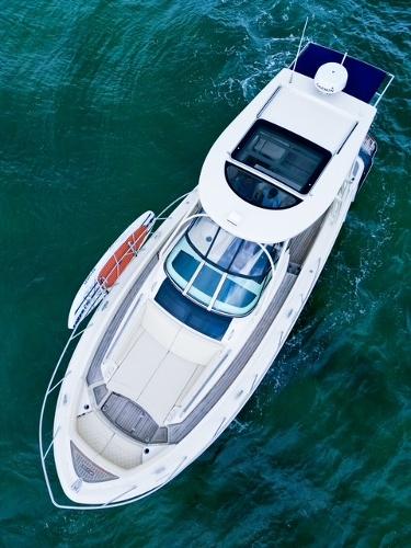 Chris-Craft Launch 38 2017 Chris-Craft Launch 38 boat on open water, aerial view.