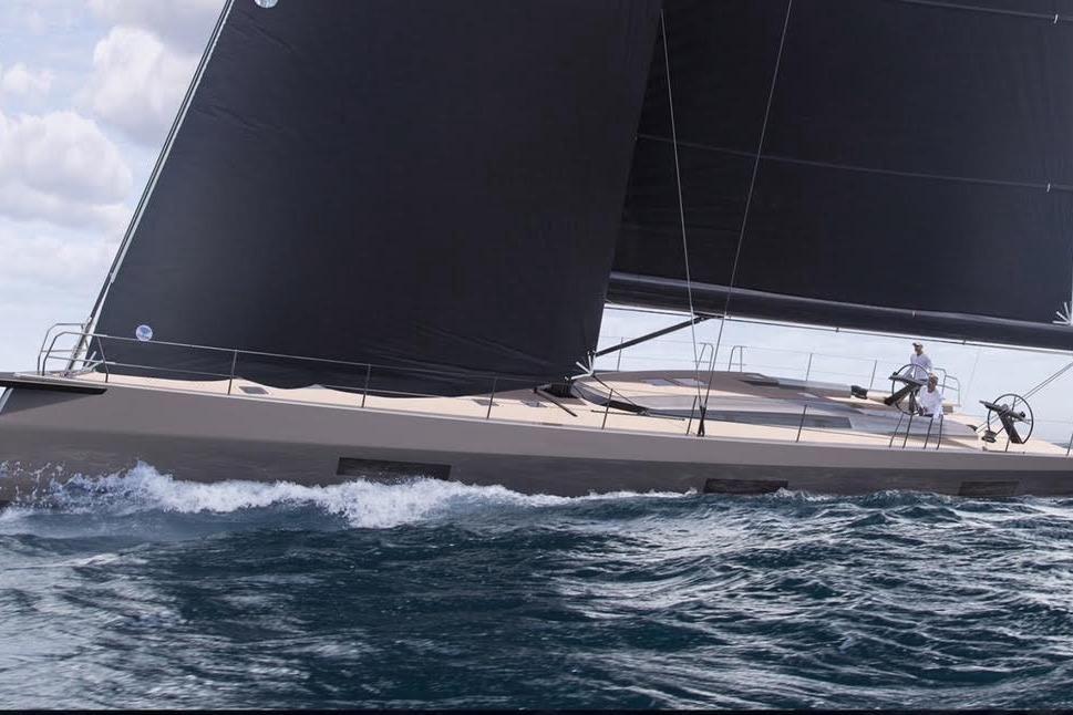 Ice Yachts 80 2026 Ice Yachts 80 sailing on open sea with sleek black sails.