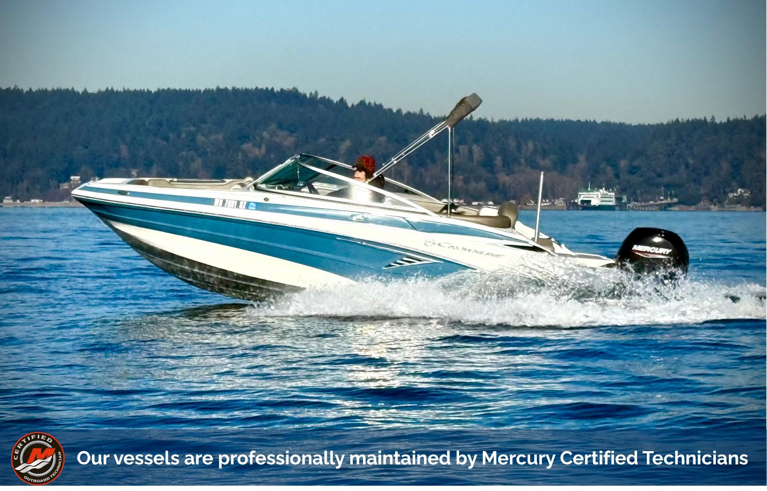Crownline E 215 XS 2022 Crownline E 215 XS boat cruising on a lake, maintained by Mercury Certified Technicians.