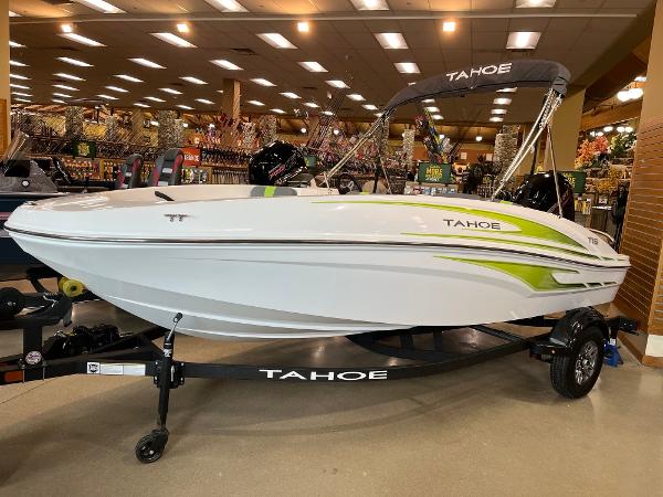 Tahoe T16 2024 Tahoe T16 boat displayed indoors on a trailer.