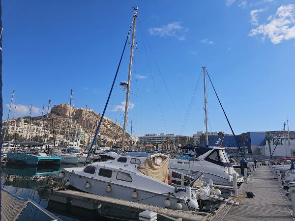 Oceanic Mark 2 Boats docked at a marina with a mountainous backdrop under a clear blue sky.