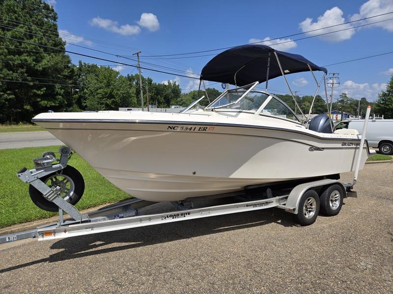 Grady-White Freedom 215 2018 Grady-White Freedom 215 boat on trailer, parked outdoors under blue sky.